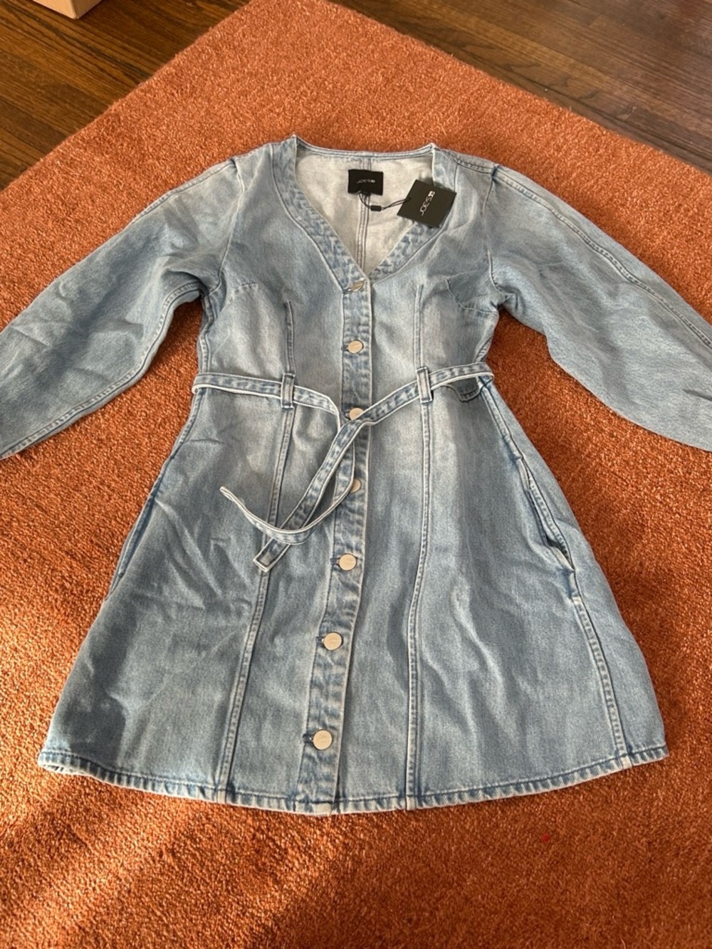 Denim Button-Front Dress with Belt - Light Blue
